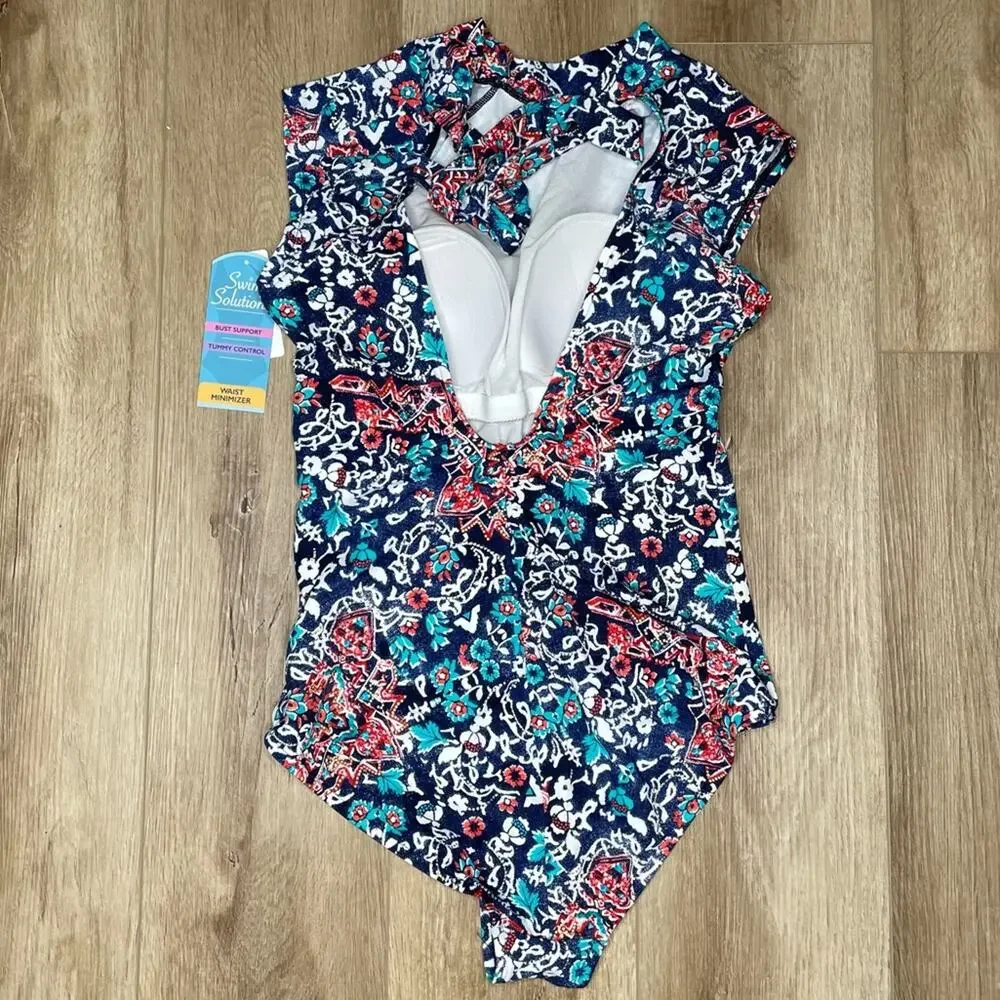 Swim Solutions Women's Block Island Floral Cap Sleeve One Piece Swimsuit sz 14 - Picture 3 of 4